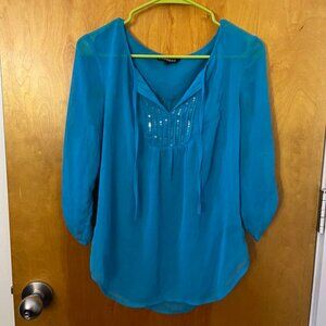 Express Blue tunic top with sequins around neck (size XS, new)